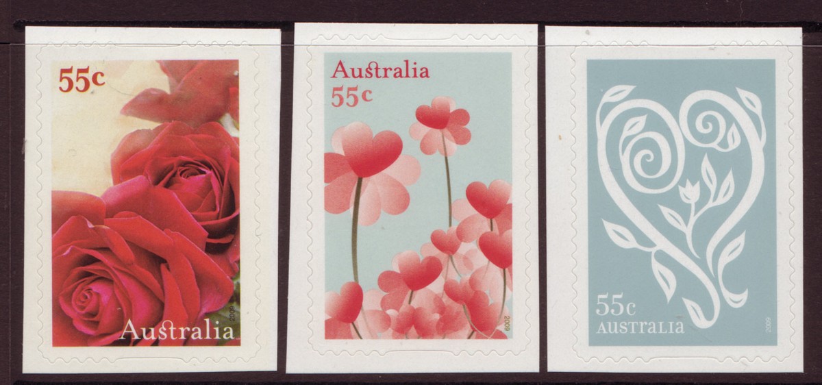 AUSTRALIA 2009 WITH LOVE SELF ADHESIVE SET OF 3 UNMOUNTED MINT