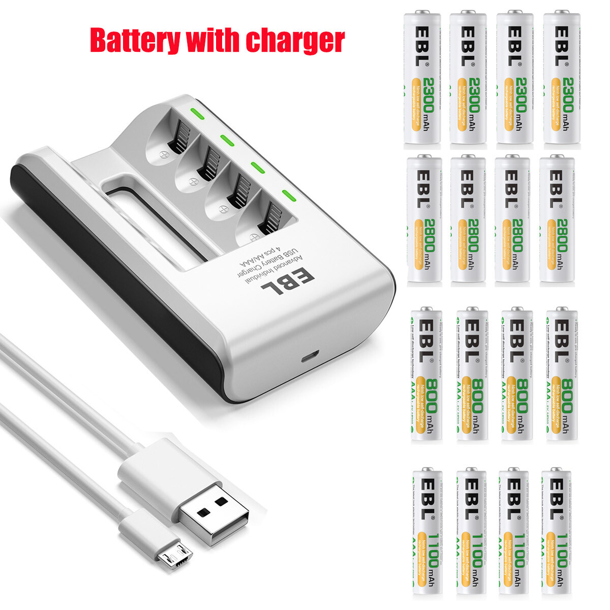 EBL AAA Rechargeable Batteries /4-Slot USB AA AAA NIMH NI-CD Battery Charger Lot-image