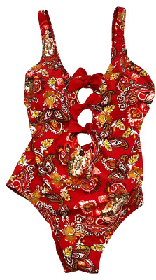 Skinnydippers Swimsuit Womens Large One Piece Red Alysa Tri Tie Keyhole Front