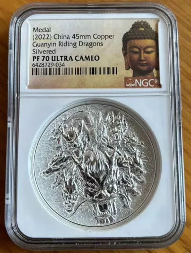 NGC PF70 China 2022 Nine Dragons Guanyin commemorative silvered medal，Thickened