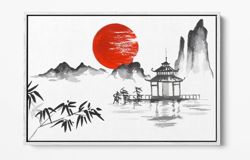 JAPANESE SUMI-E RED SUN SAKURA TREE -FLOAT EFFECT FRAMED CANVAS WALL ART PRINT - Picture 8 of 12