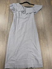 Banana Republic Dress Womens 4 Gray Striped Midi Off The Shoulder Sleeve Preppy