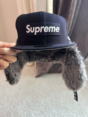 SUPREME x NEW ERA Ear Flap Faux FUR TRAPPER Hat navy blue size 7.5