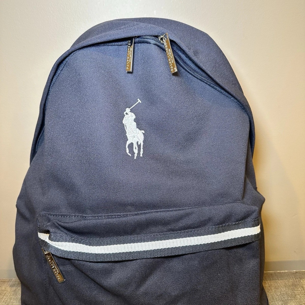 Polo Ralph Lauren Unisex Backpack Navy Blue Logo Zip Pocket NWT | eBay