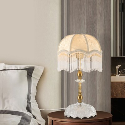 Vintage Indoor Table Lamp with Unique Beige Shade and Beaded Tassel(No Bulb)