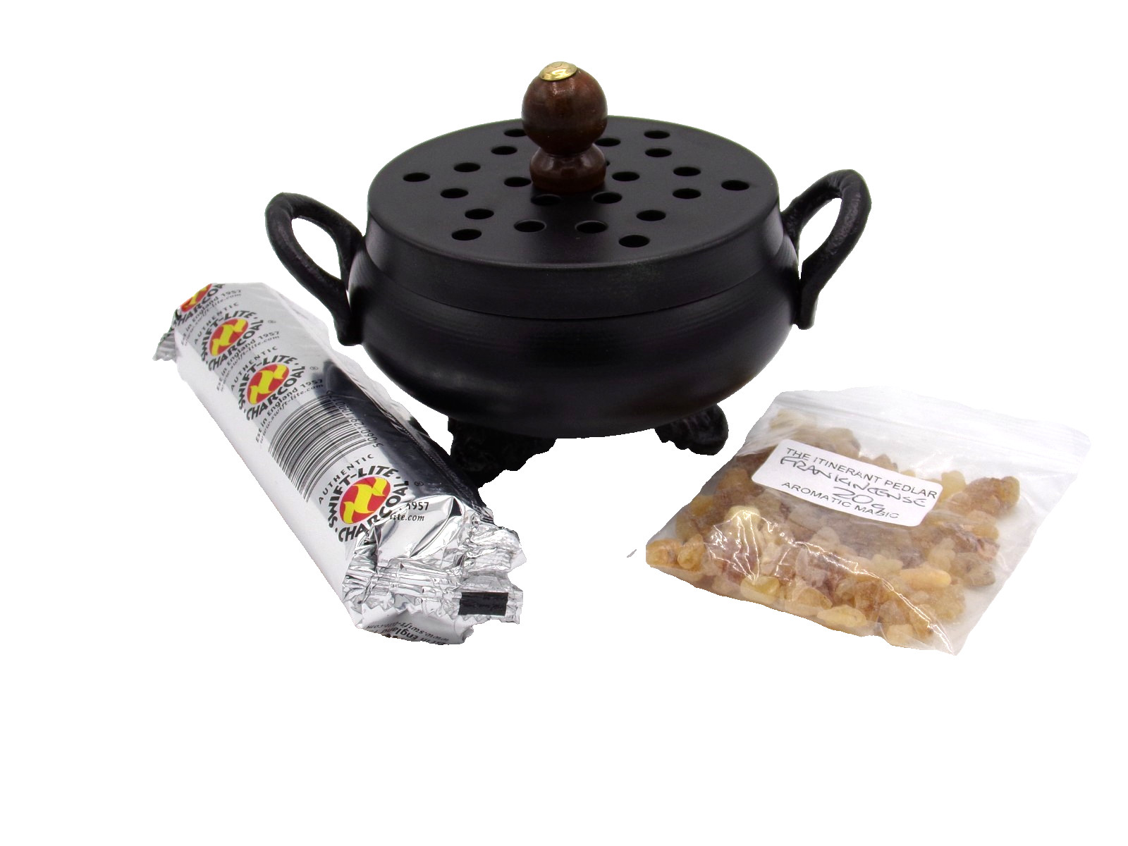 Classic Black Cauldron Incense Burner with 10 Charcoal Discs & 20g Frankincense