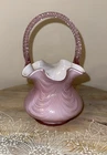 Fenton Dusty Rose Pink Cased Blown Glass Overlay Feather Pattern Basket 8"
