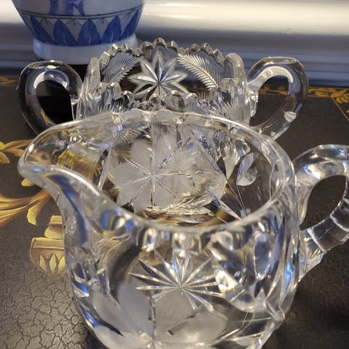 Antique Cut Crystal Creamer and Sugar Bowl American Vintage Glass Heavy Special