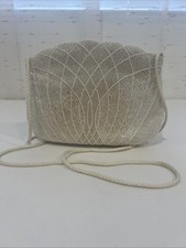 White Hand Beaded Purse Vtg Evening Bag Clutch Long Braided Rope Handle