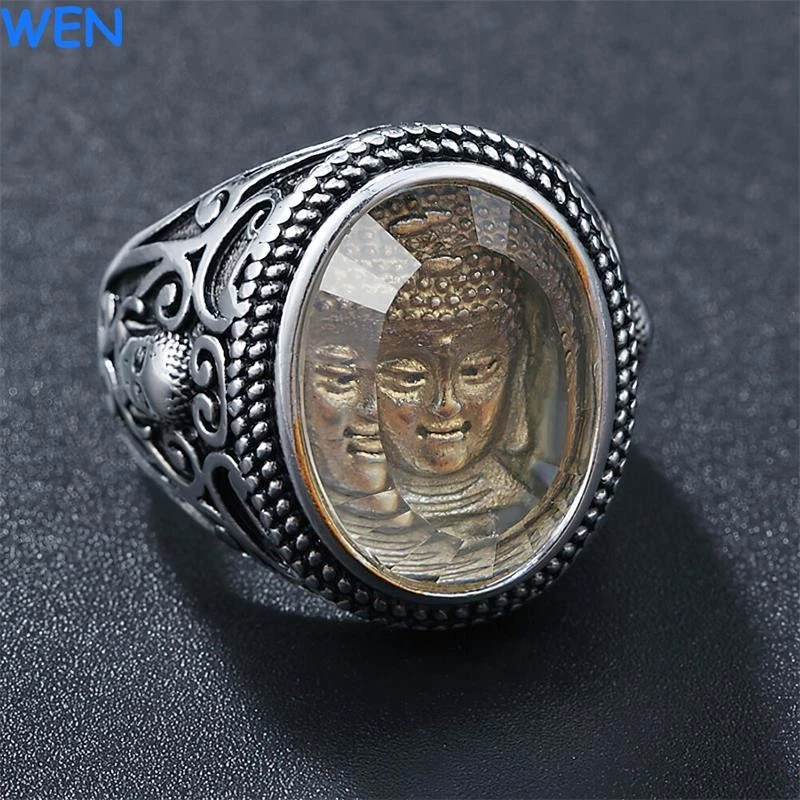 Mens Silver Stainless Steel Buddhist Buddha Amulet Ring Band Punk Size 7-12 - Image 3 of 4