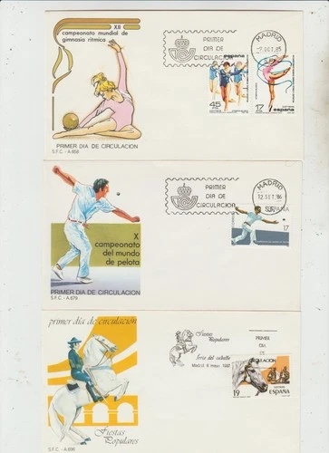 Spain 3 FDC 1985 Gymnastics '86Pelota '87 Jerez Horse Fair   good condition
