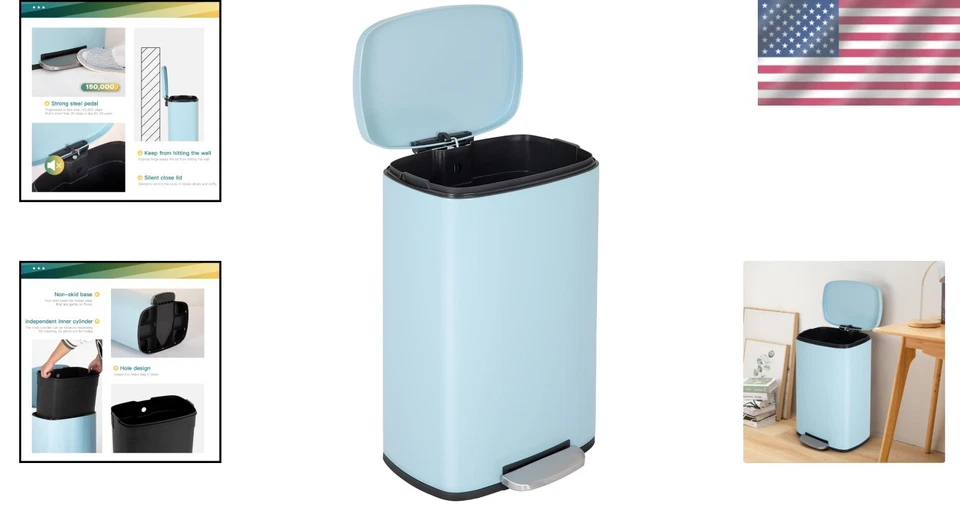 13-Gallon Brushed Stainless Steel Trash Bin with Step Mechanism - Blue Design - Image 2 of 4