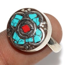 10gms Tibetan Turquoise Red Coral Nepali Tribal Ring Size US FreeSize GW