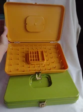 Pair of Vintage Wilson Wil-Hold Plastic Sewing Boxes Avocado Green & Gold