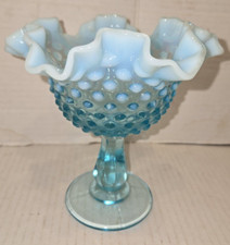 Vintage Fenton Blue Opalescent Hobnail Glass Compote Bowl Signed