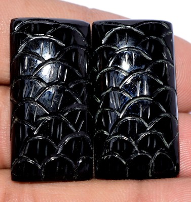 50.99 Cts Naturschwarz Onyx Handgefertigt Schnitzerei Paar 30x15.50 MM Lose