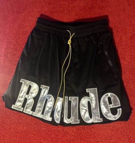 NEW Rhude Athletic Black Silver Logo Streetwear Gym Basketball Shorts M Medium