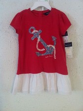 Ralph Lauren Infant Girls Dress Red w Floral Anchor Eyelet Ruffle Size 12M NWT