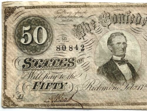 HELLE ORIGINALE ANTIKE BANKNOTE 1864 50 $ CSA KONFÖDERIERTE STAATEN VON AMERIKA - Bild 3 von 7