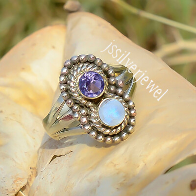 Moonstone Amethyst Cut Gemstone 925 Sterling Silver Ring For Wife Best  Gift