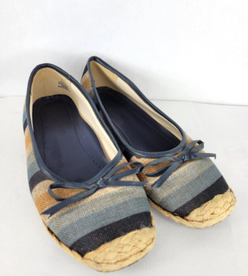 Beacon 8W Ballet Flats Navy Blue & Tan Striped Espadrille Style 504502