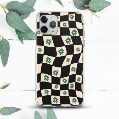 Wavy Checkered Green Flowers Case For iPhone X SE 11 12 13 14