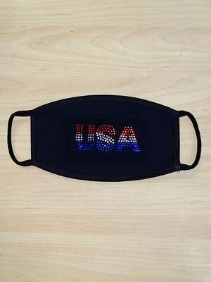Face Mask Rhinestone Red, White & Blue USA, Cotton Blend, Made In USA