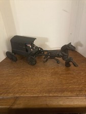 Vintage Cast Iron Metal Amish Family on Horse Drawn Carriage Wagon Buggy Antique