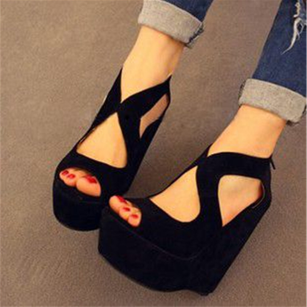 Women Sandals Soft Suede Platform Wedge High Heels Zip Party Shoes