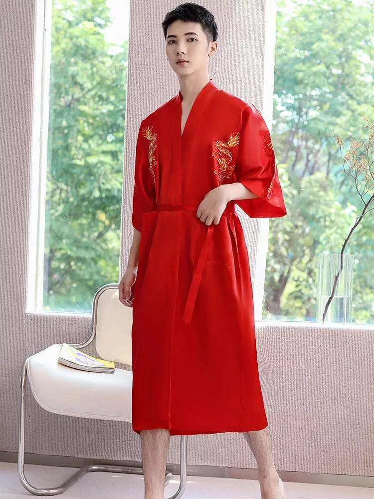 Men Summer Robe Chinese Silk Satin Sleep Robes Dragon Embroidery Sleepwear