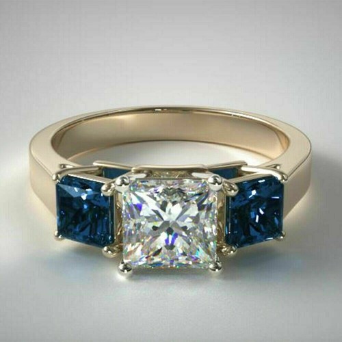 3Ct Princess Lab-Created Sapphire Diamond Trilogy Ring 14K Yellow Gold Plated - Picture 4 of 6