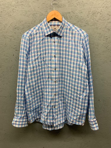 Report Collection Resort Linen Shirt Men’s Large Blue Plaid Button-Up