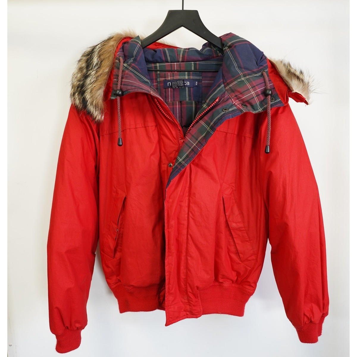 Vintage 90s Nautica Plaid Lined Red Bomber Puffer Jacket Men's M