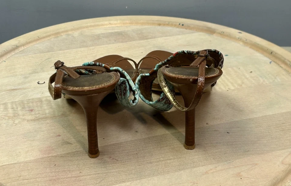 Nine West Strappy Heel Stacked Heel Womens 9M Brown Floral Retro - Image 4 of 4