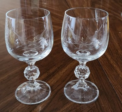 Claudia Wine Glasses Ball Stem Etched Crystal Bohemia, 6'' Tall, Set Of 2