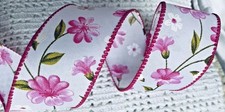 Valentines Pink Floral 1.5" by 2 yd White Wired Ribbon Spring Morning Glories