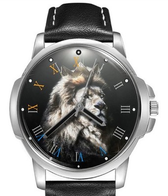 Löwe mit Krone Portrait Lederband großes Zifferblatt Geschenk Armbanduhr