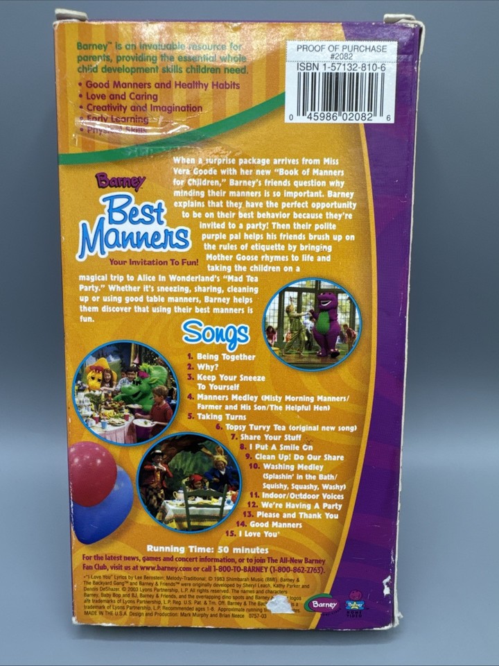 Barney: Best Manners - Your Invitation To Fun! (VHS, 2003) Children’s ...
