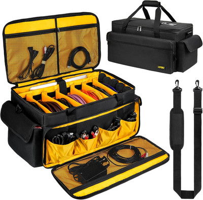 Large DJ Equipment Bag with 6 Detachable Dividers,Dj Cable File Bag with Laptop