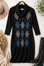 Sandra Darren Argyle Sweater Dress M Black Teal Gray Cowl Neck Knit Preppy