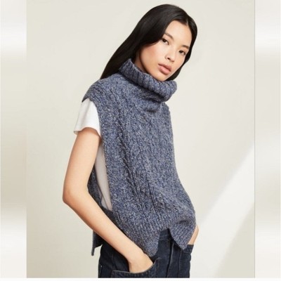 Veronica Beard Collina Heathered Blue Cable Knit Turtleneck Sweater Vest M/L