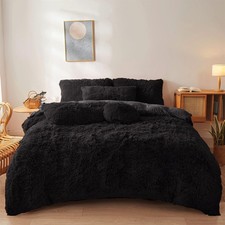 Black Fur Comforter Cover Set Queen Ultra Soft Fluffy Plush Bedding Sets 3