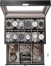 12 Slot Watch Box Case Lockable with Glass Lid, 2 Layers Watch Holder Organizer