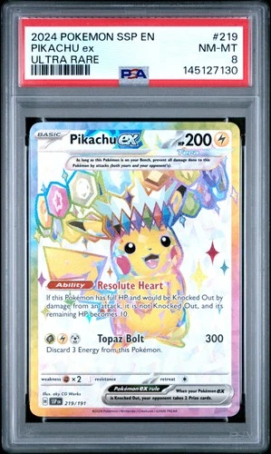 2024 POKEMON SSP EN-SURGING SPARKS ULTRA RARE #219 PIKACHU EX PSA 8