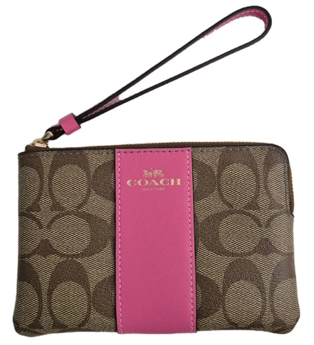 Nuovo ? Autentico Portafoglio COACH Cerniera Angolare Braccialetto Firmato Pelle Rosa Cachi