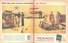1958 Texaco Vintage Print Ad TWO PAGES Safe T Check Up Road Trip Gasoline