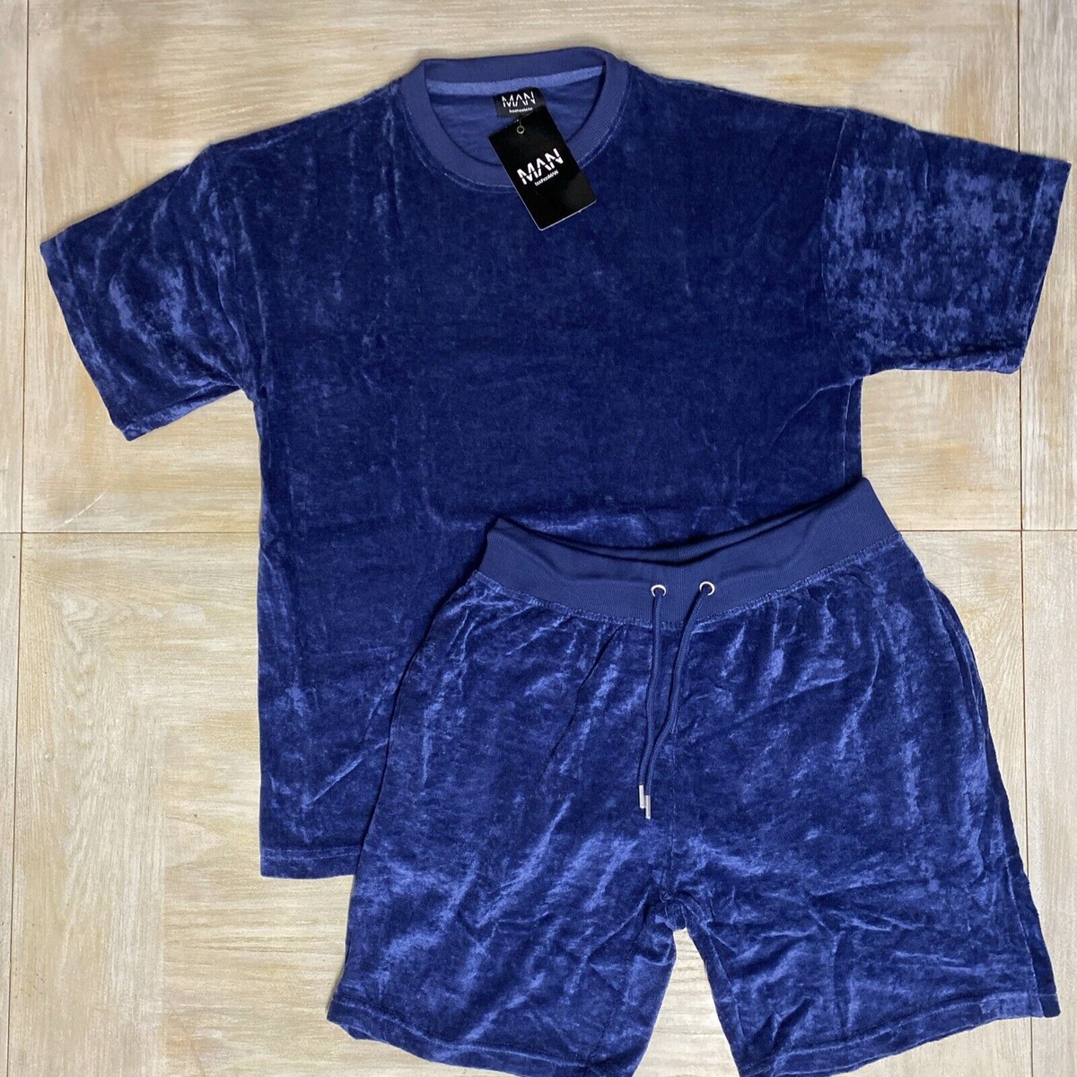 Mens T Shirt Shorts Tracksuit Velour Set Blue Medium RRP £50 Boohoo Man