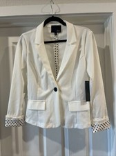 Kaii Womens Sz L Single Button Blazer Jacket White/ Polka Dot Cuff