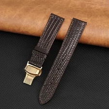 22mm Brown Lizard Watch Band Flat Genuine Leather Strap Gold Deployment Buckle