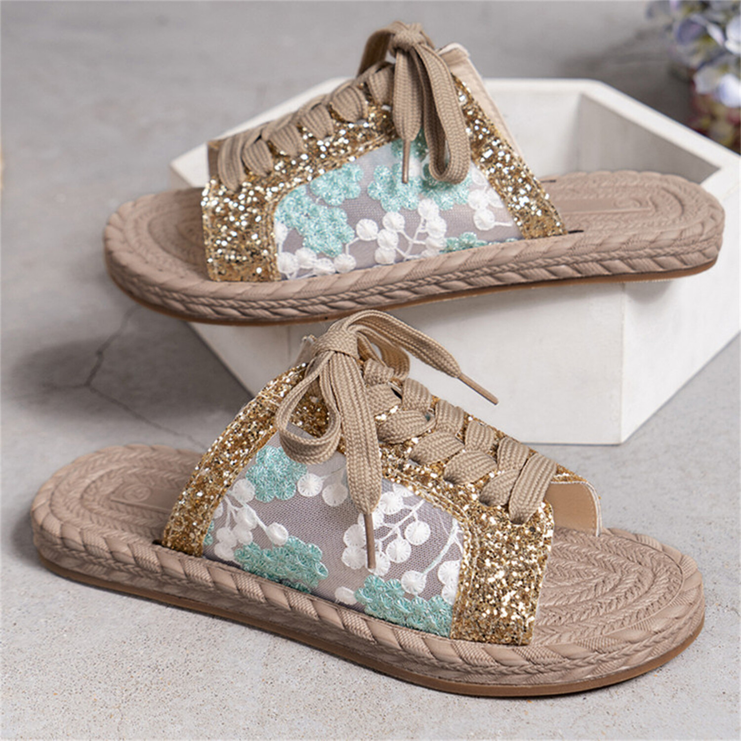 PANTOFOLA D’ORO Sandali donna bohemien paillettes punta aperta flat stringati leggeri estivi slide